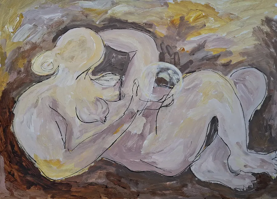 Зображення "Should I?" від Daria Habich, розмір: 50х70 cm, матеріали: acrylic, coal, varnish, cardstock, медіум: Mixed media on Cardstock, місто: Ukraine, серія: Soul´s & Body´s, ціна: €690