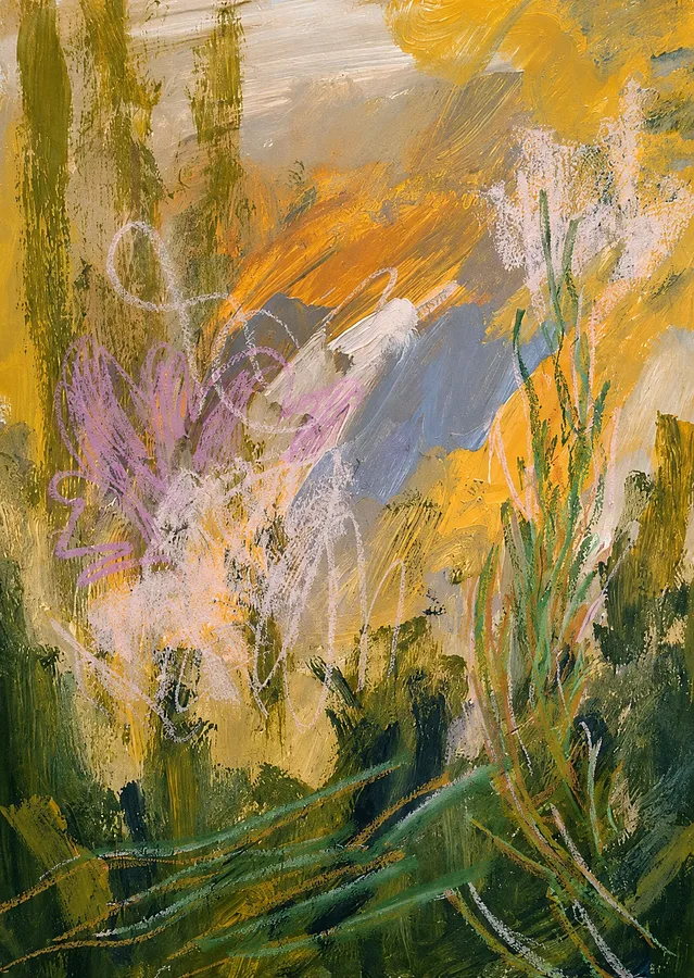Зображення "Golden Hour" від Daria Habich, розмір: 29.7 × 42 cm., матеріали: paper, acrylic, oil pastel, varnish, медіум: Mixed media on paper, місто: Bulgaria, серія: Salt & Sun, ціна: €190