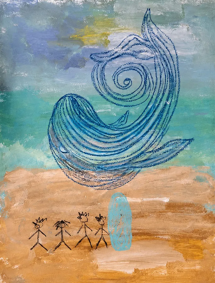 Зображення "Meeting the Whale" від Daria Habich, матеріали: paper, acrylic, oil pastel, varnish, медіум: Mixed media on paper, місто: Bulgaria, серія: Salt & Sun, ціна: €190