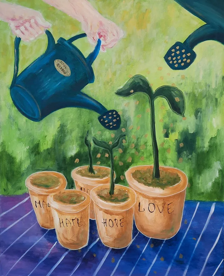 Зображення "Will grow what you water" від Daria Habich, розмір: 100x80 cm, матеріали: полотно, акрил, маркер, лак, медіум: Живопис, місто: Німеччина, серія: The soul Garden, ціна: €1590