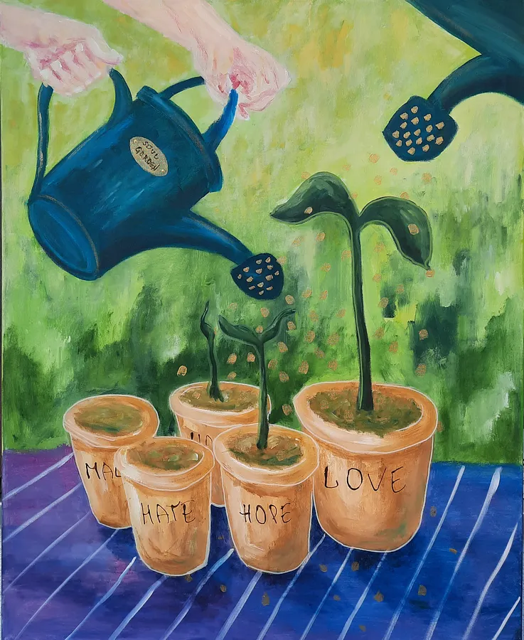 Зображення "Will grow what you water" від Daria Habich, розмір: 100x80 cm, матеріали: полотно, акрил, маркер, лак, медіум: Живопис, місто: Німеччина, серія: The soul Garden, ціна: $1270